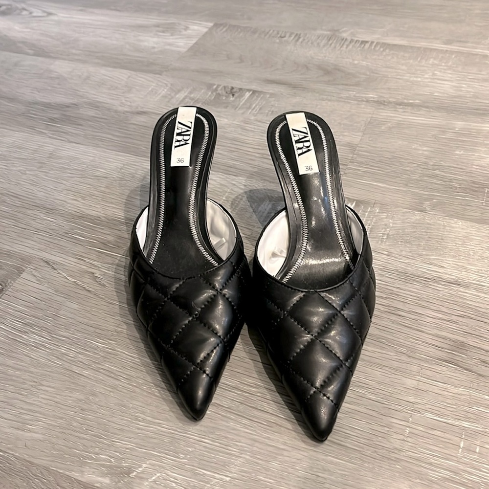 Zara Pointed Toe Quilted Black Heels Mule Slides
